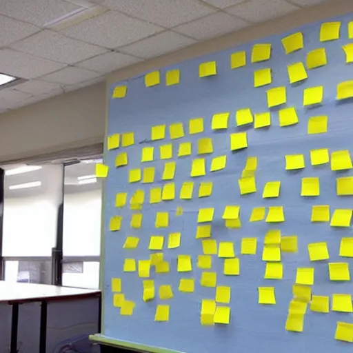 Prompt: class school full of post - it on the walls