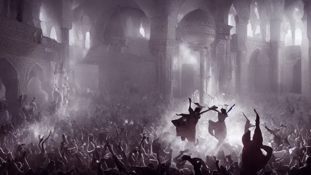 Image similar to tyrkisk sufi dance, sufi, arabic words, bysintine, gothic, 4 k, smokey, michael whelan, peter mohrbache, giovanni paolo panini style epic, volumetric light, insanely detailed, unreal engine render, artstation trends, hyper detail, epic art style, cinematic, concept art, soft white gold lights