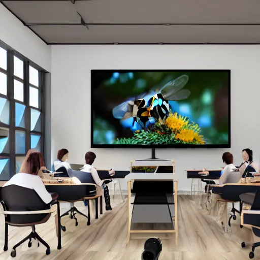 Image similar to bee group video conference, photorealistic, octane render, rtx, hdr, unreal engine, digital art widescreen 8 k