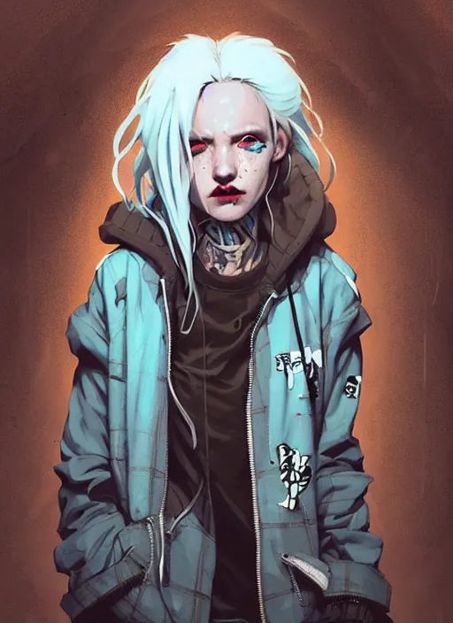 Image similar to highly detailed portrait of a sewer punk swedish lady, tartan hoody, white hair by atey ghailan, by greg rutkowski, by greg tocchini, by james gilleard, by joe fenton, by kaethe butcher, gradient light blue, brown, blonde cream and white color scheme, grunge aesthetic!!! ( ( graffiti tag wall background ) )
