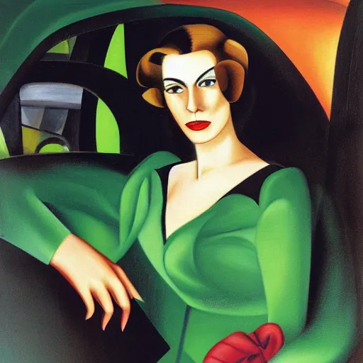 Prompt: portrait of an elegant woman in the 1 9 3 0 s driving a green car, by tamara de lempicka