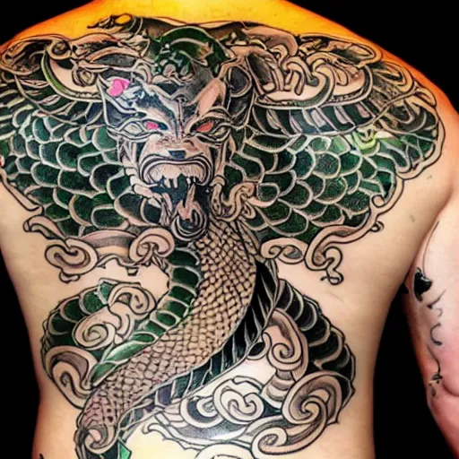 Image similar to yakuza back tattoo. emerald dragon. ap photo. studio lighting, even composition, professional camera
