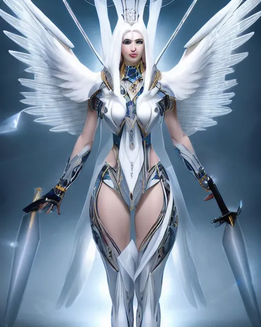 Prompt: perfect white haired egyptian goddess with huge white dove wings, warframe armor, attractive, beautiful, symmetric, dreamy, half asian, pretty face, blue eyes, detailed, scifi platform, laboratory, experiment, 4 k, hyper realistic, epic lighting, android body, illuminated, cinematic, masterpiece, art by akihito tsukushi, voidstar