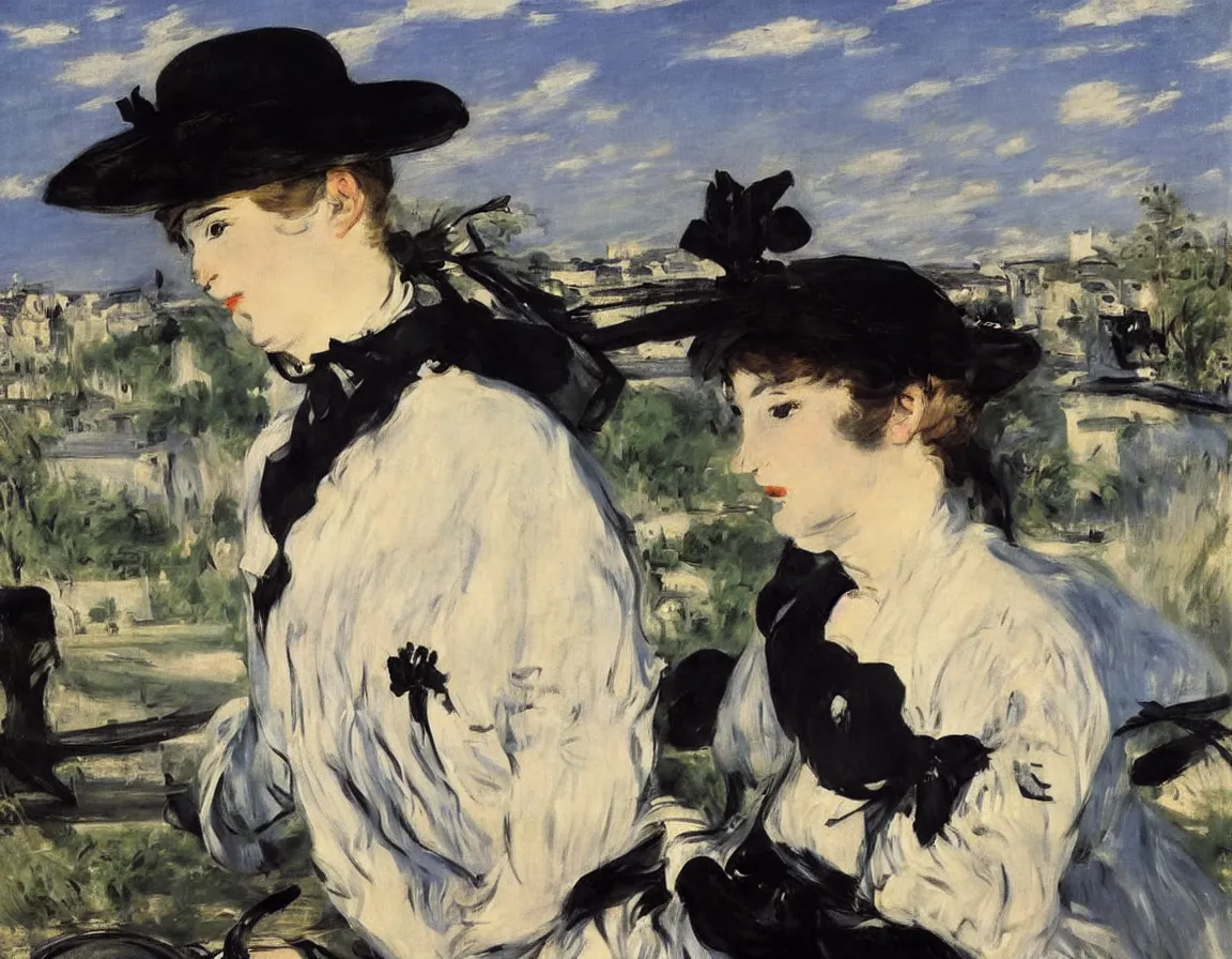 Image similar to edouard manet. a wide portrait of a marie from the side all dressed in black on a motorcycle on a highway looking over her shoulder towards us. blue sky. there is another motorcycle blurred in the background. precise thin brush strokes. expressive. emotional. modern.