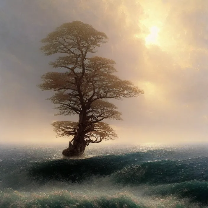 Image similar to a beautiful painting of the world tree on the red sea by ivan aivazovsky and greg rutkowski! and james gurney, in style of impressionism. highly detailed face. fantasy, elden ring, hyper detailed, sharp focus, soft light. ray tracing. trending on artstation. oil on canvas