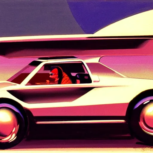 Prompt: concept art of a tiny being driven, painted by syd mead, high quality