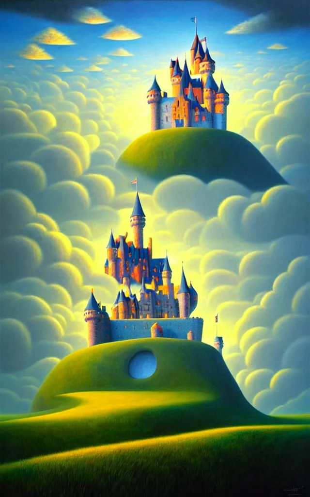 Image similar to close view of a castle an oil on canvas portrait painting of world castle happy place, volumetric light godray, surrealism, surrealist, impossible geometry, rob gonsalves, high detail fantastic gediminas pranckevicius