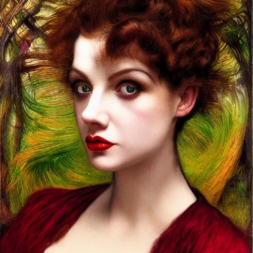 Image similar to portrait of a hybrid of judy garland and lady gaga, marfan syndrome, brown fringe, full lips, large downward slanting eyes, holman hunt, john william waterhouse, kilian eng, rosetti, john everett millais, william holman hunt, 4 k