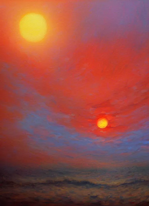 Image similar to an impressionistic painting of a red sun in a cloudy sky, an oil painting by jason a. engle, deviantart, metaphysical painting, apocalypse landscape, oil on canvas, matte drawing