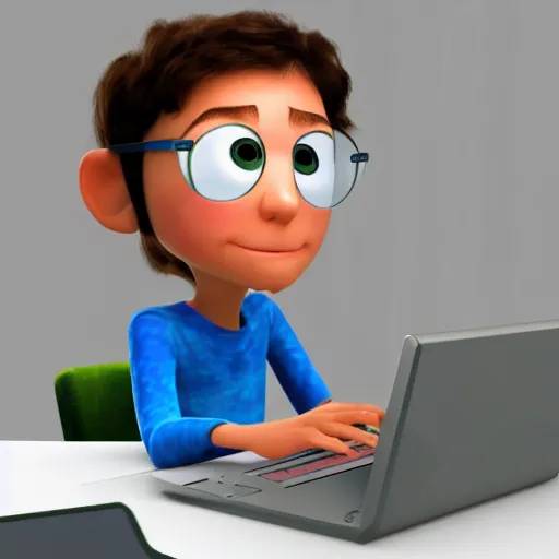 Image similar to low - fi character, pixar style, computer programmer working at computer