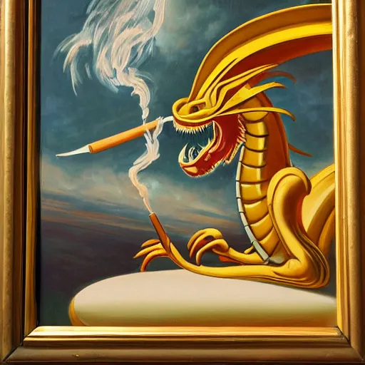 Prompt: art deco oil painting of a dragon smoking a cigar, intricate furniture, golden highlights