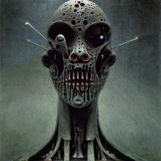 Image similar to horrific human cyborg, beksinski style painting, dark, scary, highly detailed