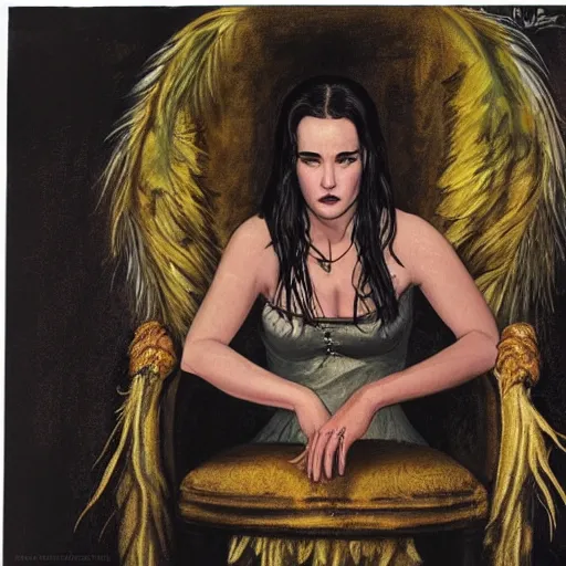 Image similar to young innocent jennifer connelly as innocent gothic beauty with black feathers instead of hair, eyes closed, mutant, sad, feathers growing out of skin, sitting in opulent chair, romantic, comic book cover, vivid, beautiful, illustration, highly detailed, rough paper, dark, oil painting