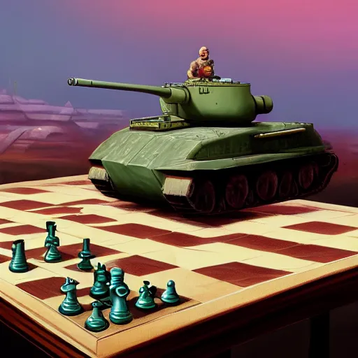 Prompt: a chessboard on a table, diorama of a tank battle on top, extremely detailed oil painting, unreal 5 render, rhads, bruce pennington, studio ghibli, tim hildebrandt, digital art, octane render, beautiful composition, trending on artstation, award - winning photograph, masterpiece