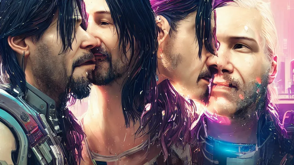 Image similar to a cyberpunk 2077 srcreenshot couple portrait of Keanu Reeves and female android final kiss,love,film lighting,by Laurie Greasley,Lawrence Alma-Tadema,Andrei Riabovitchev,Dan Mumford,John Wick,Speed,Replicas,artstation,deviantart,FAN ART,full of color,Digital painting,face enhance,highly detailed,8K,octane,golden ratio,cinematic lighting