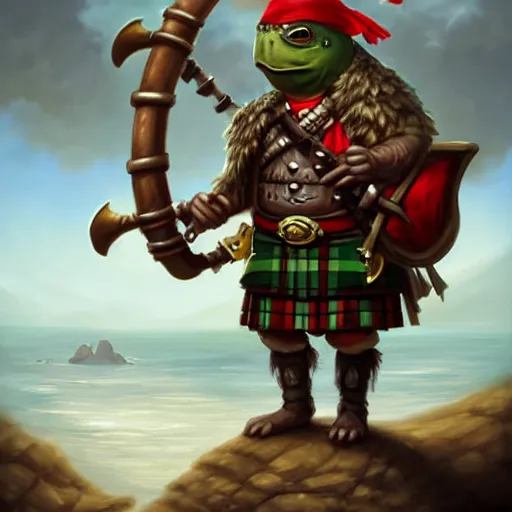 Prompt: an anthropomorphic turtle, wearing a kilt and a pirate-eye-patch, holding a bagpipe, walking up the beach, DnD character art portrait, matte fantasy painting, DeviantArt Artstation, by Jason Felix by Steve Argyle by Tyler Jacobson by Peter Mohrbacher, cinematic lighting