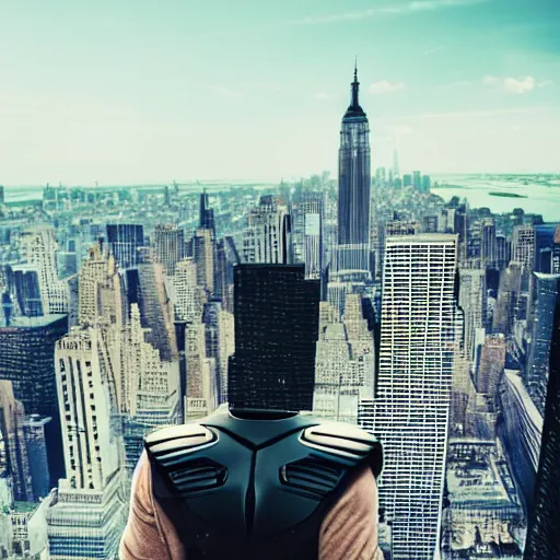 Image similar to portrait of a futuristic superhero, New York City behind him, hd, 4k realistic, award winning photo