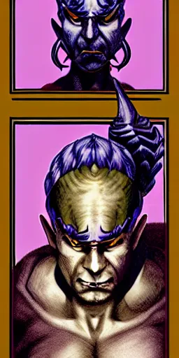 Image similar to character portrait of male tiefling, purple skin, small horns, Dungeons and Dragons character art, in the style of Frank frazetta and Boris Vallejo