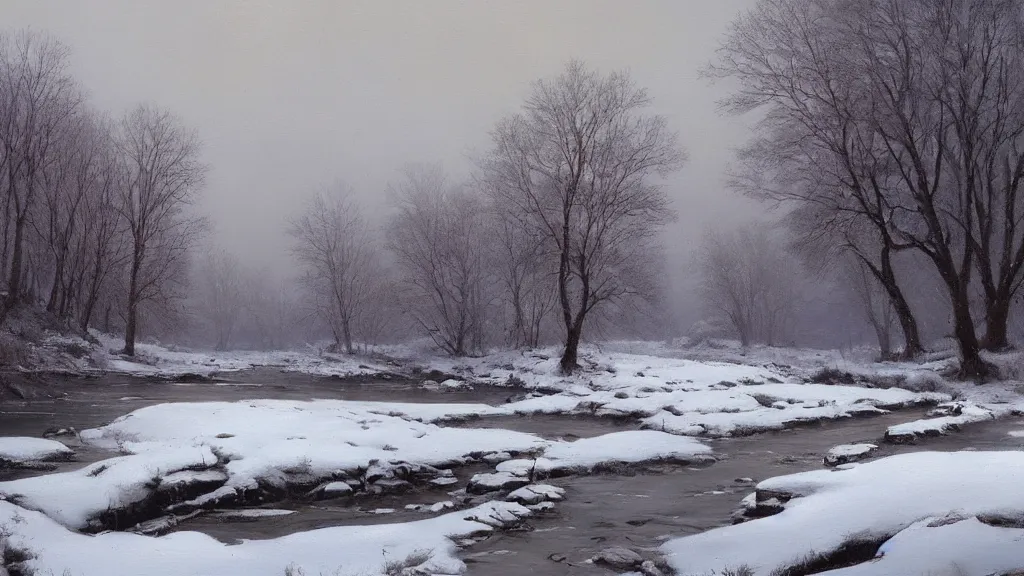 Image similar to A beautiful landscape oil painting of a hill with trees, the winter has arrived and the leafs are covered with snow to become white, the river is zigzagging and and frozen, the river has lots of dark grey rocks, by Greg Rutkowski