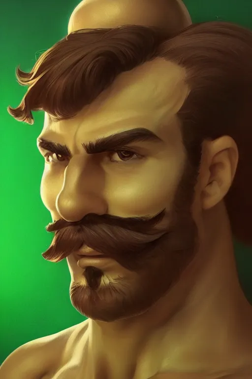 Prompt: gigachad luigi wearing a green shirt by ilya kuvshinov, bodybuilder ernest khalimov, super mario bros symmetrical face concept art, hyper realistic, intricate, elegent, highly detailed, digital painting, concept art, smooth, sharp, focus, illustration, art by artgerm and greg rutkowski and alphonse mucha, artstation