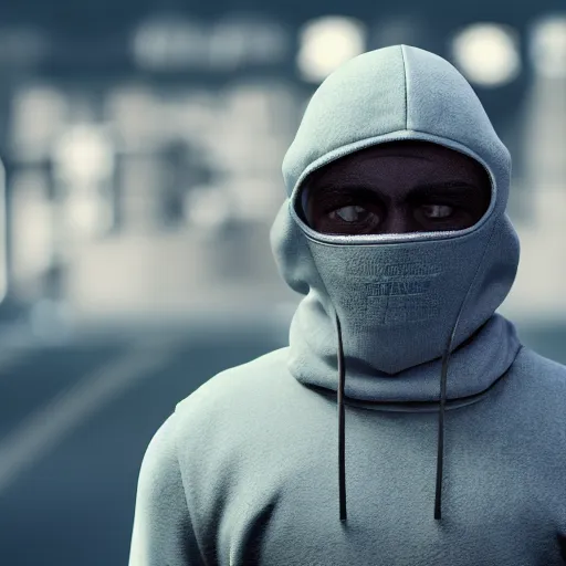 Image similar to criminal wearing a balaclava holding an automatic weapon, cinematic, hyperrealism, octane rendering, 8 k, depth of field, bokeh, iridescent accents