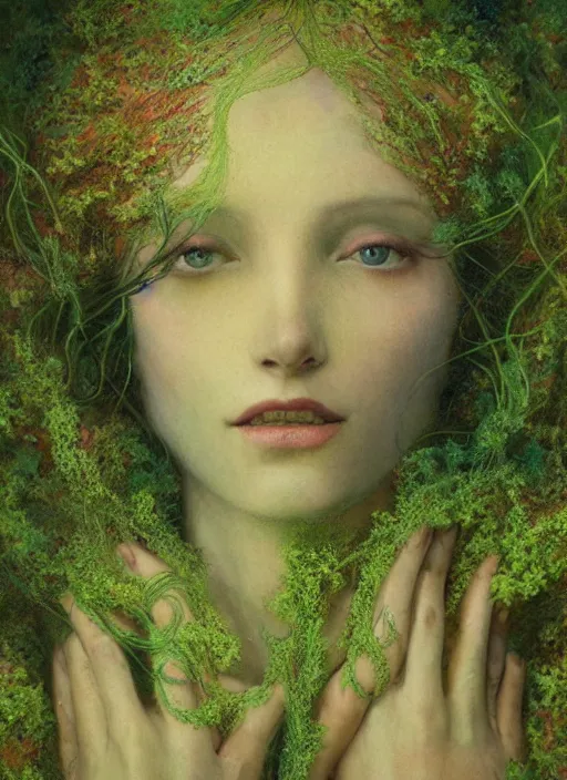 Image similar to a beautiful woman portrait mutating in to flower, covered with thin tendrils and moss, by jean delville, by edmund dulac, by jean giraud, by ellen jewett, landscape photography composition, vivid colors, octane render, redshift render