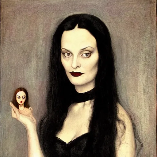 Prompt: portrait still of morticia addams, art style by millais,