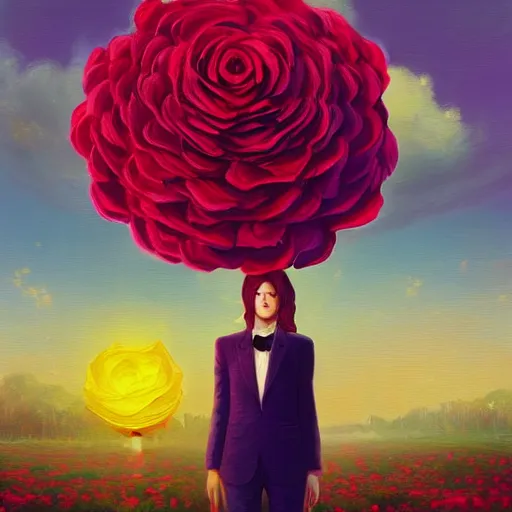 Image similar to giant rose flower head, frontal, girl in a suit, surreal photography, sunrise, dramatic light, impressionist painting, digital painting, artstation, simon stalenhag