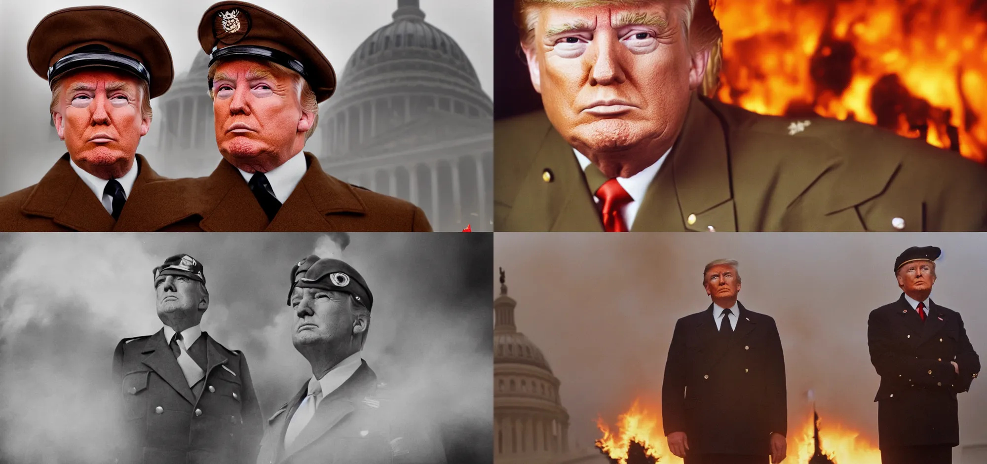 Prompt: portrait photograph of Donald Trump wearing brown german Reichsführer WWII outfit, off-camera flash, canon 35mm lens, f2 aperture, color Ektachrome photograph, blurred background is of united states capitol building on fire, light fog, hdr detail, realistic skin pores, evening lighting