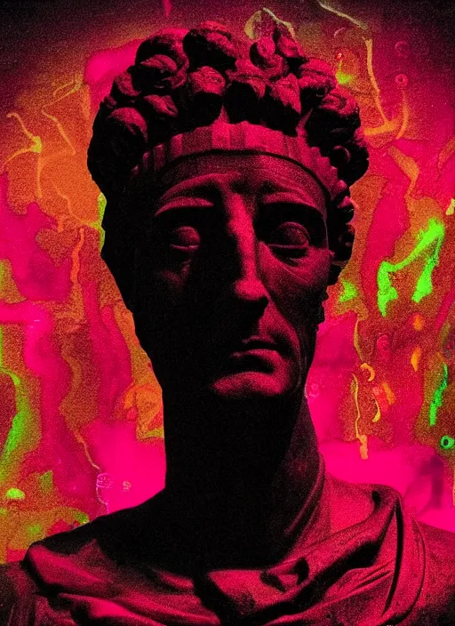 Image similar to black background with subtle red and purple design elements, statue of julius caesar, nekro, abstract art, thin lines, dark, glitch art, neo vaporwave, gritty, layout frame, trending on artstation