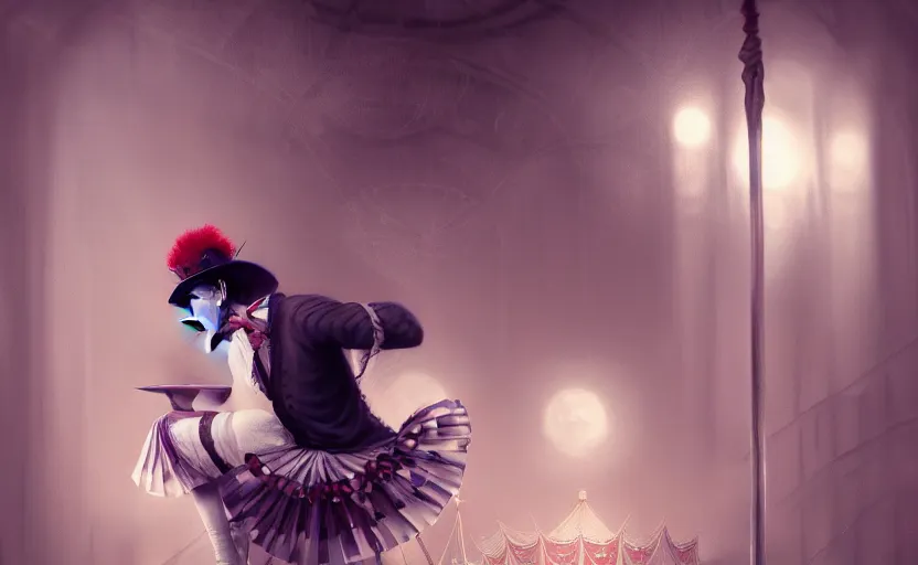 Prompt: award winning art of a attractive male pierrot, performing at a magnificent circus, beautiful circus themed background, trending artstation, digital art, aesthetic, bloom, intricate, elegant, sharp focus, digital illustration, highly detailed, octane render, digital painting, concept art, fantasy carnival, masterpiece