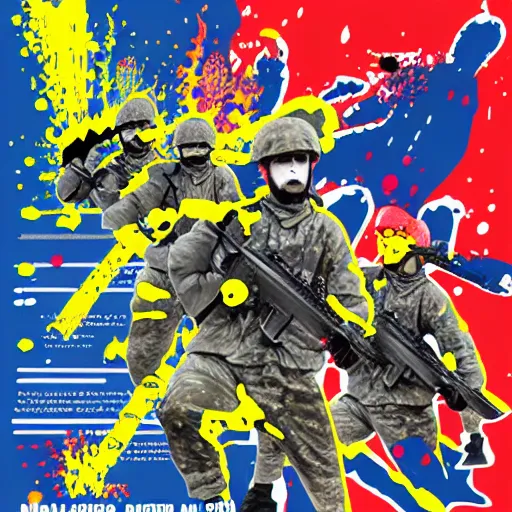 Prompt: : soldiers covered in bright paint splatters during battle with robots algorithm meta, old war poster,
