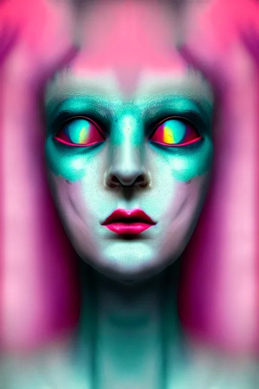 Prompt: surrealist very detailed rococo portrait of woman with iridescent eyes and pink mouth matte painting concept art key sage very dramatic dark teal lighting wide angle hd 35mm shallow depth of field 8k
