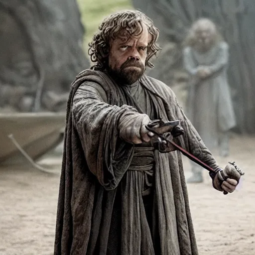 Image similar to yoda as tyrion lannister holding a crossbow in game of thrones, movie still