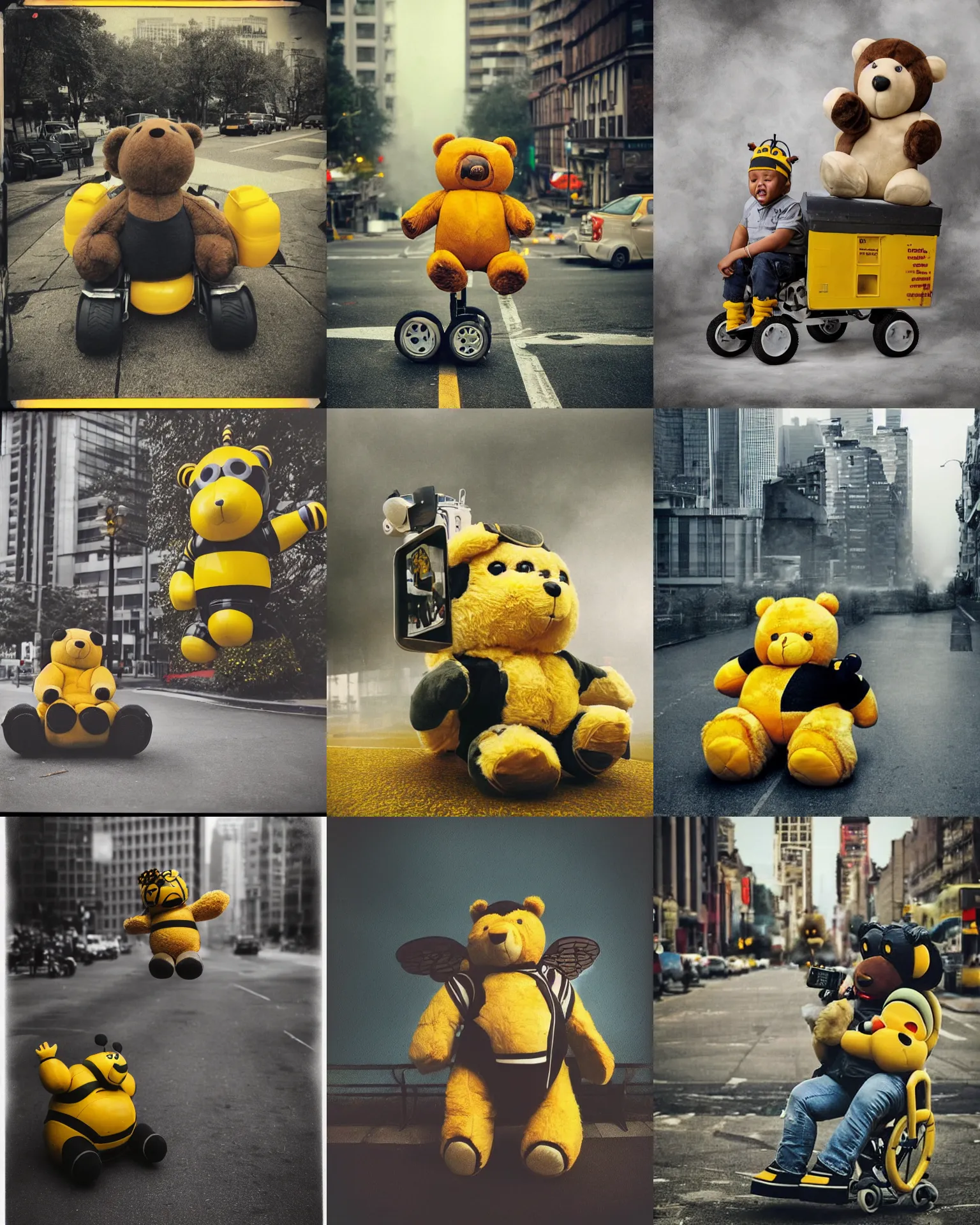 Prompt: very realistic! epic pose!!! giant oversized battle smiling yellow fat obese bee robot black stripes chubby mech baby sport wheelchair! double decker with giant oversized wings . teddy bear in sitting pose ,in busy city , full body , Cinematic focus, Polaroid photo, vintage , neutral dull colors, soft lights, foggy mist , by oleg oprisco , by national archives, by discovery channel, by victor enrich , by gregory crewdson