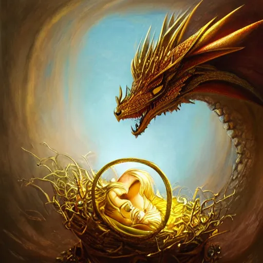 Image similar to long shot of a dragon nesting in a golden metal nest, by esao andrews, by m. w. kaluta, harmonic composition, volumetric light, fresh colors, ultra humorous oil painting, realistic reflections, floral background, smooth, concept art, depth perception, high depth of field, 4 k, unreal engine 5, ultradetailed, hyperrealistic, trending on artstation