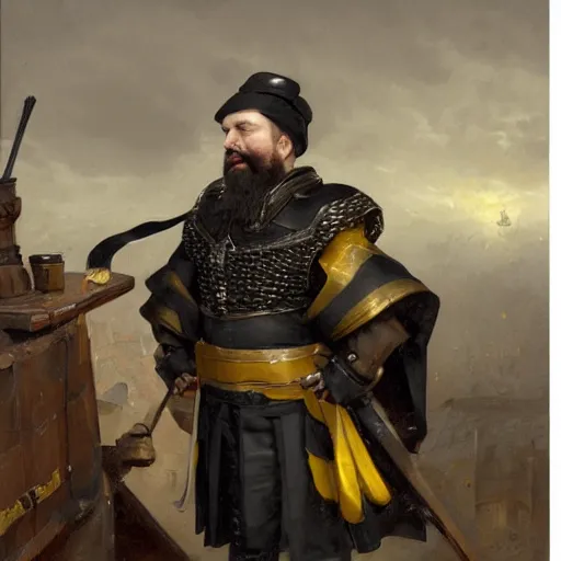 Image similar to Frustrated and acerbic male Imperial sergeant with a short beard wearing a {black and yellow tabard} over a steel breastplate and a black gambeson leaning over a table, by Raymond Swanland Greg Rutkowski, {perfect face}, {perfect eyes}, {perfect body}, {hands planted on war table while standing}, fantasy