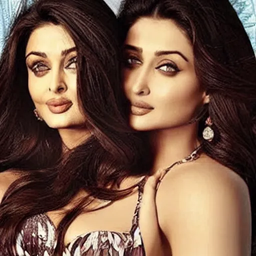Image similar to a photo of aishwarya rai and kareena kapoor in bikini, together in bed, hyper realistic, hyper detailed
