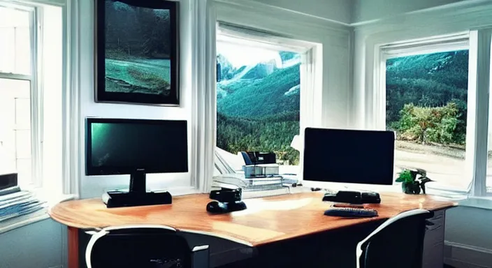 Image similar to photo of a home office dream setup, high-end computer, office chair, large monitor, cozy, soft light, beautiful peaceful view out of the large window