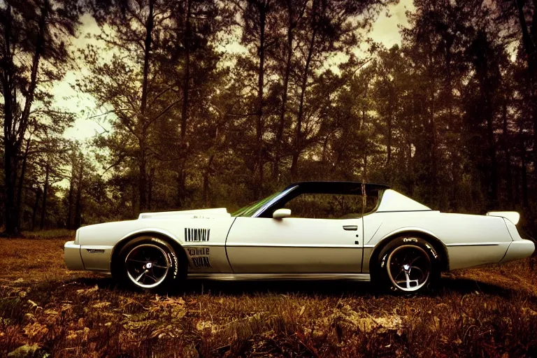 Prompt: pontiac firebird with grafitti tag on side, angelic wings attached to top of the roof, dramatic, cinematic, forest, volumetric lighting, wide shot, low angle