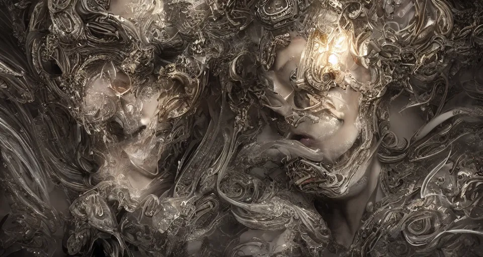 Prompt: vanishment of the gods, cinematic, end of an era, chaos, digital art. ornate, intericate, fractal patterns, ethereal, cinematic, artstation, hyper detailed, weta digital, ray trace, 3 d sculpture, beautifully lit, glow, soft light, photorealistic, ghost, symmetric, masterpiece, realistic, highly detailed