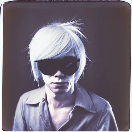 Image similar to Polaroid Portrait of Andy Warhol doing anime cosplay, taken in the 1970s, photo taken on a 1970s polaroid camera, grainy, real life, hyperrealistic, ultra realistic, realistic, highly detailed, epic, HD quality, 8k resolution, body and headshot, film still, front facing, front view, headshot and bodyshot, detailed face, very detailed face