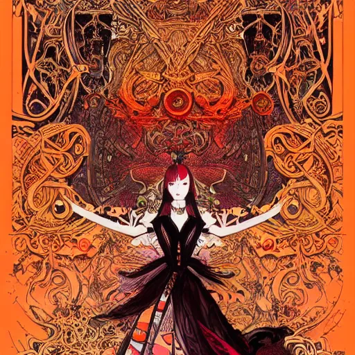 Image similar to jisoo + blackpink + elements + red + gold + neon + baroque + rococo + white + orange + ink + tarot card, ornate + by marc simonetti, paul pope, peter mohrbacher, detailed, intricate ink illustration + damask + award winning + 8 k