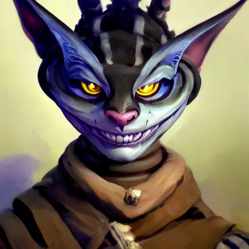 Image similar to greg manchess portrait painting of fully armored cheshire cat from alice in wonderland as overwatch character, medium shot, asymmetrical, profile picture, organic painting, sunny day, matte painting, bold shapes, hard edges, street art, trending on artstation, by huang guangjian, gil elvgren, ruan jia, randy vargas, greg rutkowski