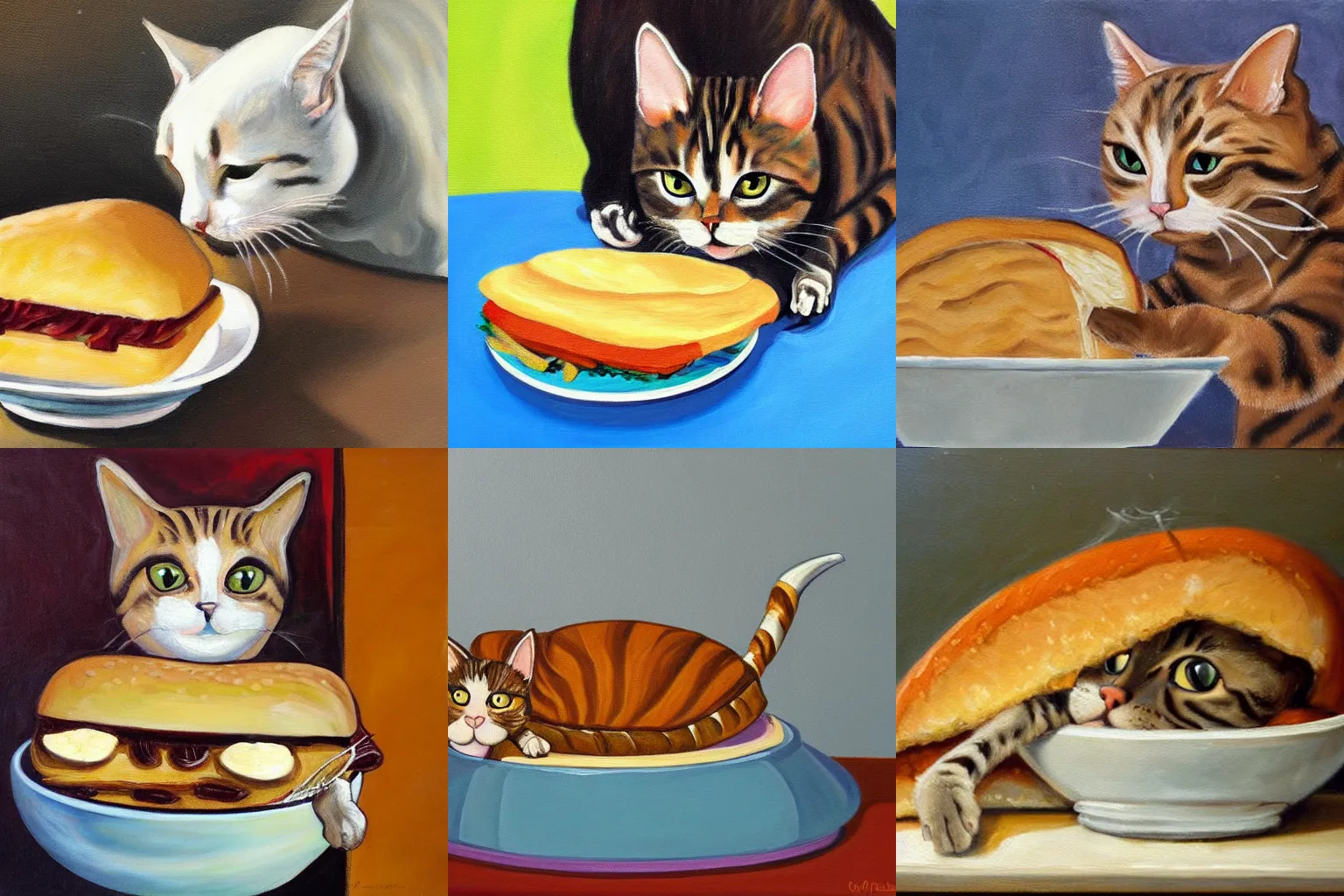 Prompt: a painting of a cat biting a big sandwich from a bowl.