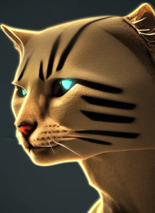 Prompt: 35mm portrait of a sophisticated intricate terminator feline cat head. Fantasy cyberpunk. Sharp. Unreal Engine. Cinematic post-processing