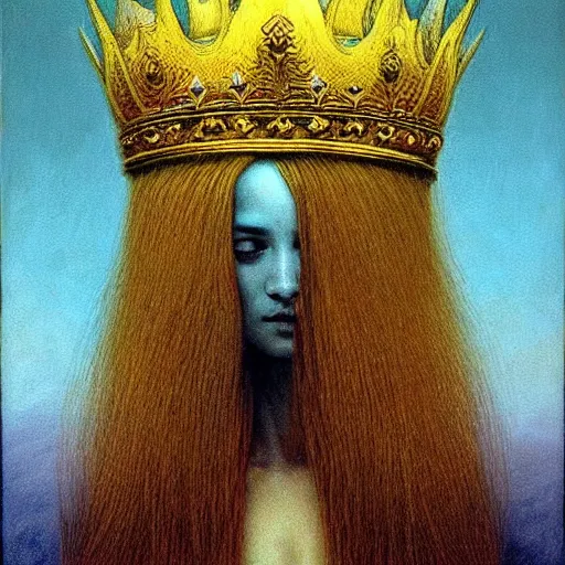 Prompt: teen queen with long golden hairs in golden crown, very pale, with blue eyes, painting by Beksinski