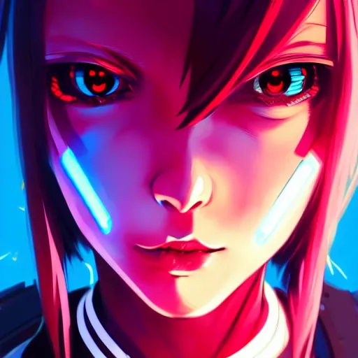 Image similar to digital cyberpunk anime character concept art, gorgeous anime girl symmetrical face, small female android cyborg - angel, glowing red left eye and glowing blue right eye, fullbody!! wlop, rossdraws sakimimichan, ilya kuvshinov, krenz cushart, greg rutkowski.