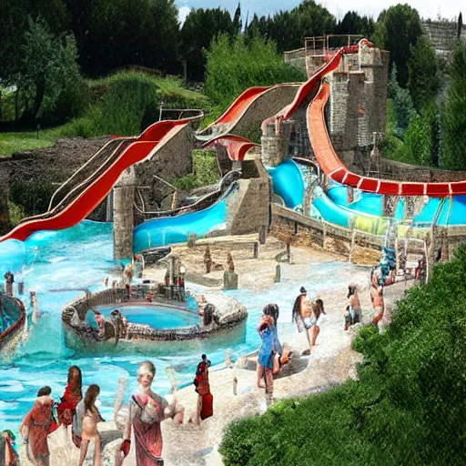 Prompt: ancient roman waterpark with water slides