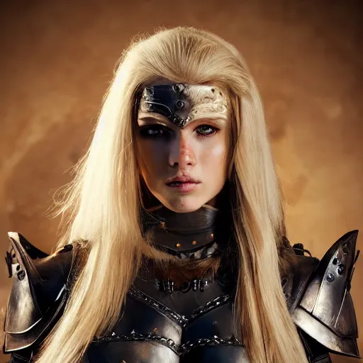 Image similar to beautiful blonde warrior girl with leather armor and wolf pelts, wolf heads, aggressive look, full body, photorealistic, soft lighting